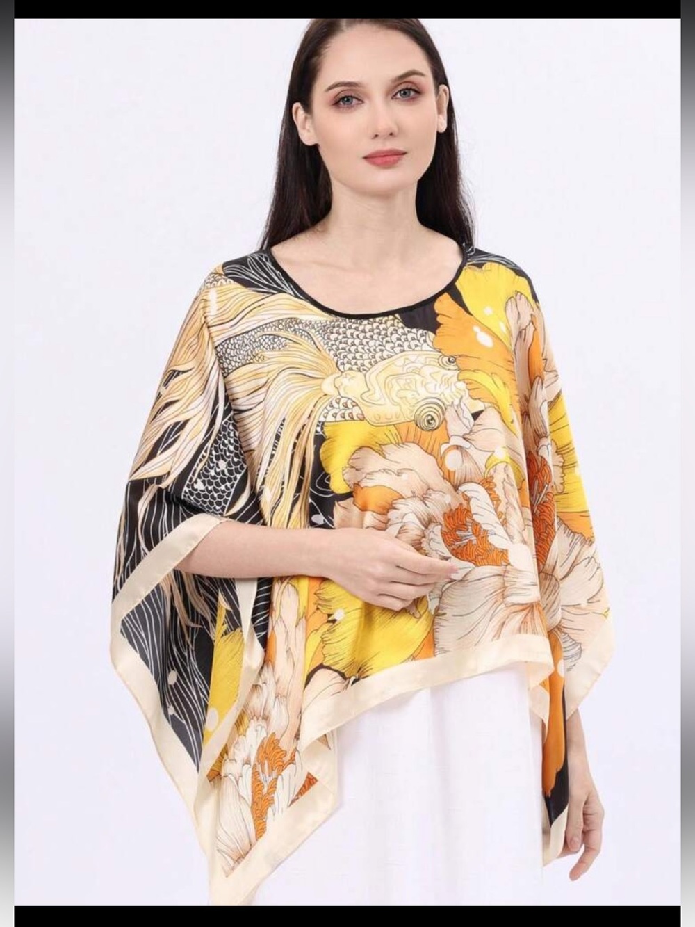 Floral Print Silk-Look Poncho Top in Yellow & Black Shawl
